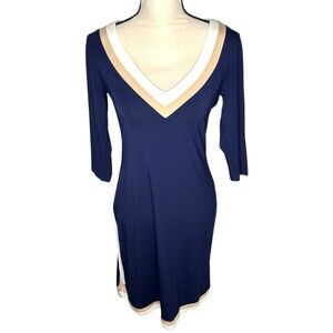 PATTYBOUTIK Jersey Shift Dress Women's Size Medium Navy Contrast Trim V-Neck